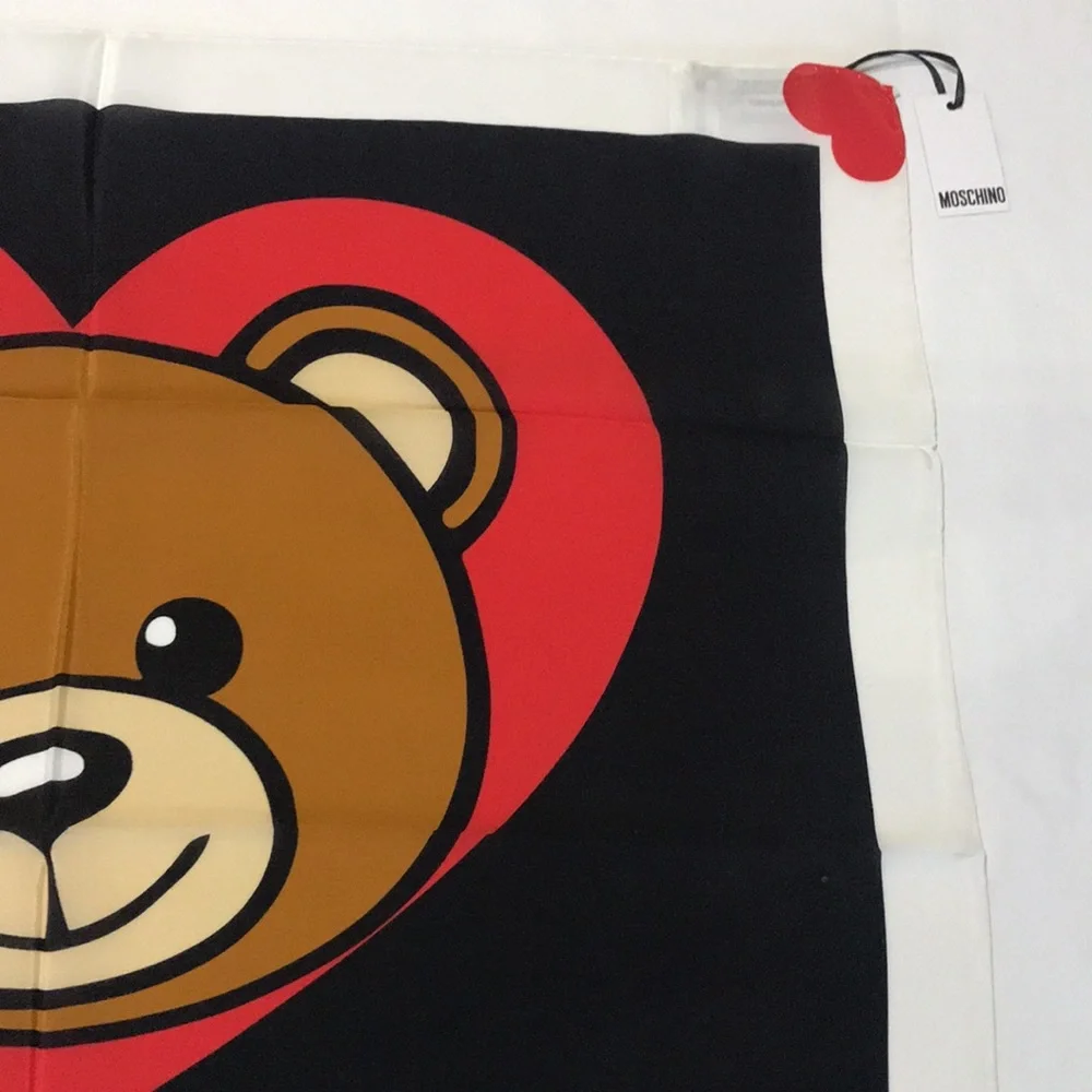 Moschino Teddy Bear Heart Scarf 100% Silk Made in Italy 26x25 NWT